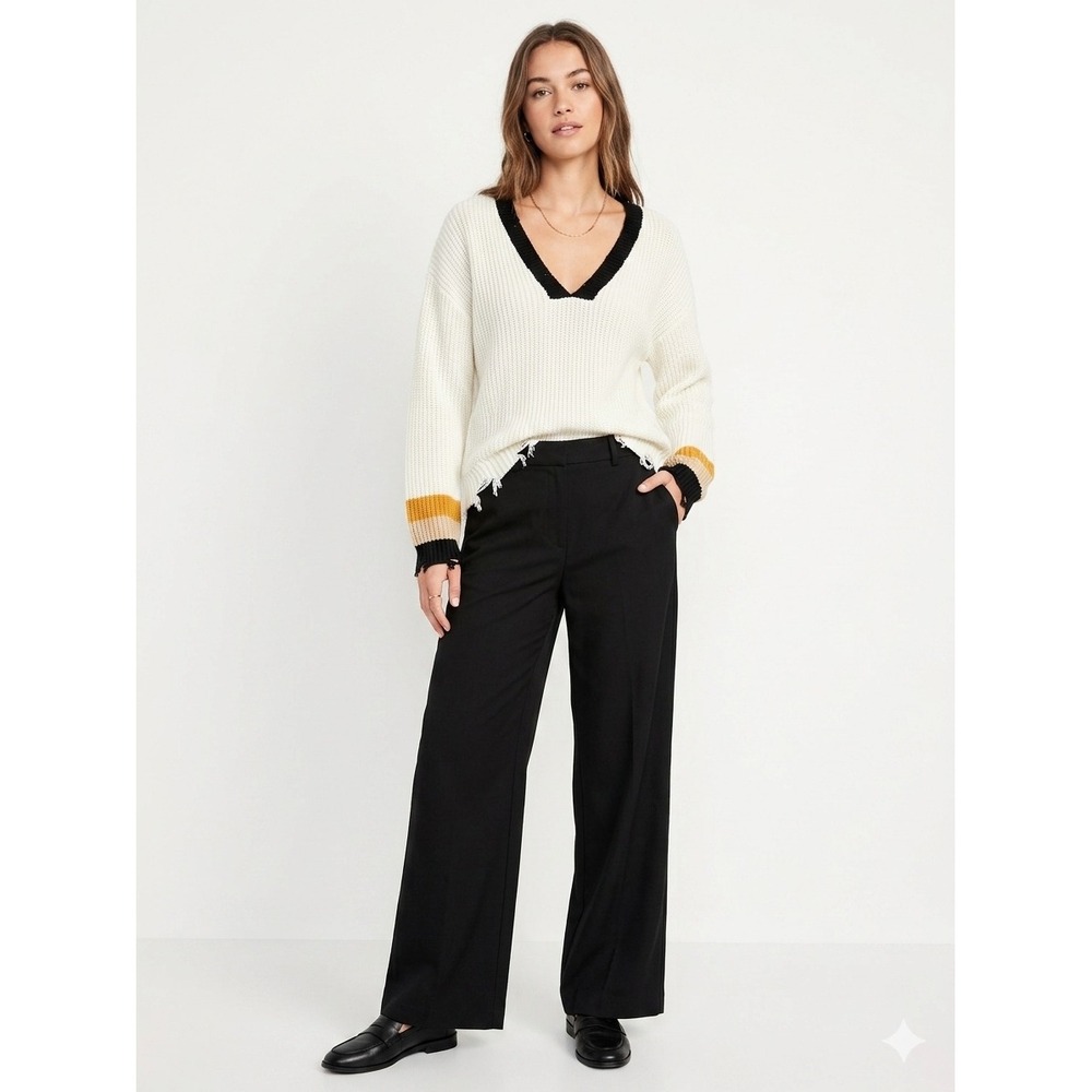 POL Clothing Cream Distressed V-Neck Ribbed Knit Striped Sleeve Sweater Small